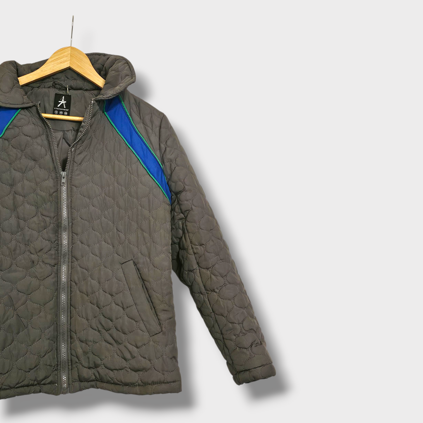 Atmosphere Grey Quilted Coat – Size 12, Blue/Green Detail, Zip-Up with Pockets