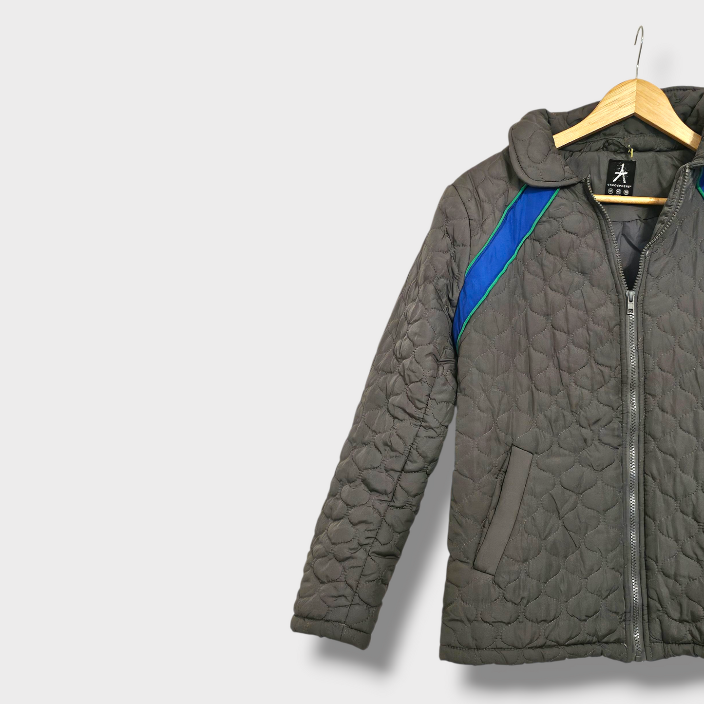 Atmosphere Grey Quilted Coat – Size 12, Blue/Green Detail, Zip-Up with Pockets