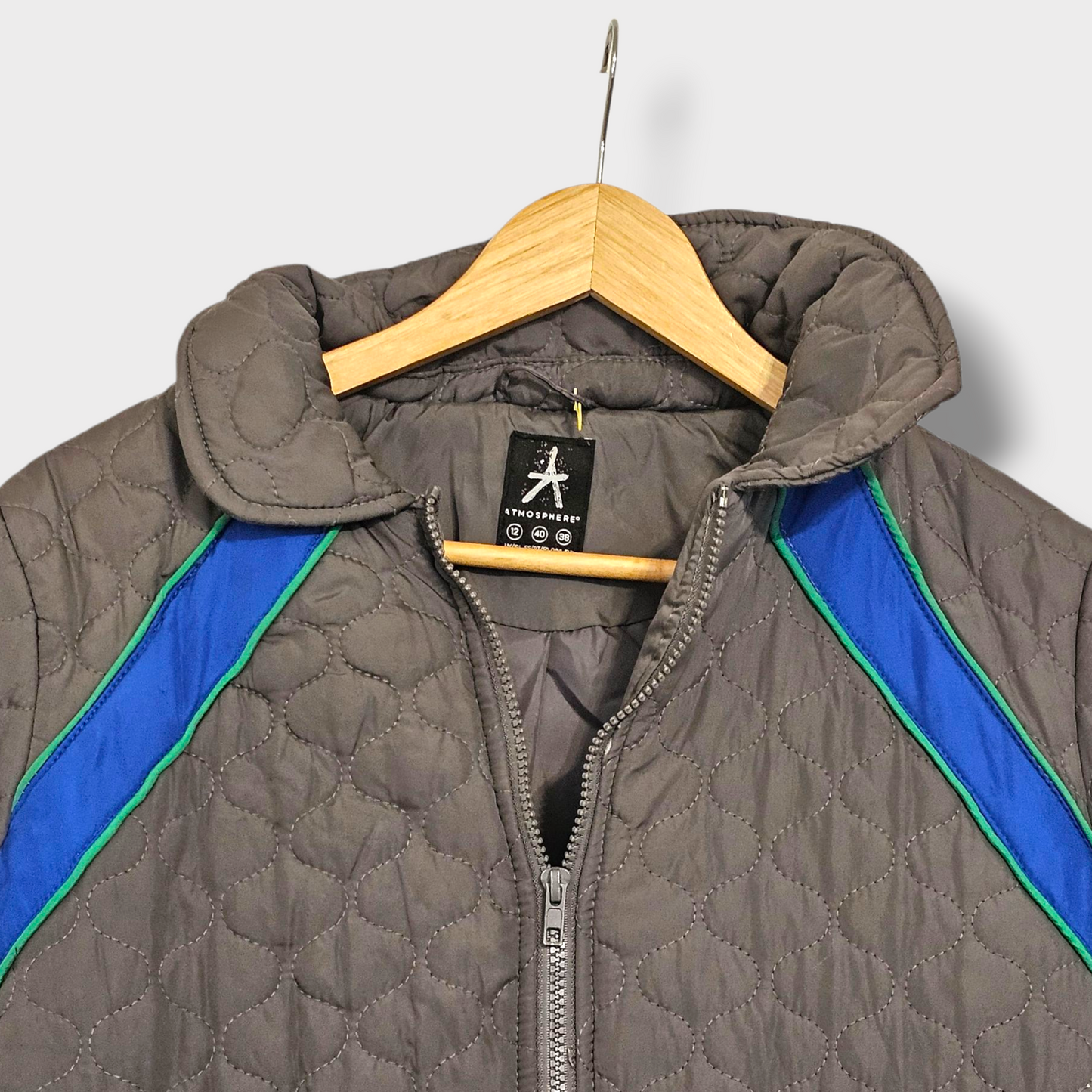 Atmosphere Grey Quilted Coat – Size 12, Blue/Green Detail, Zip-Up with Pockets