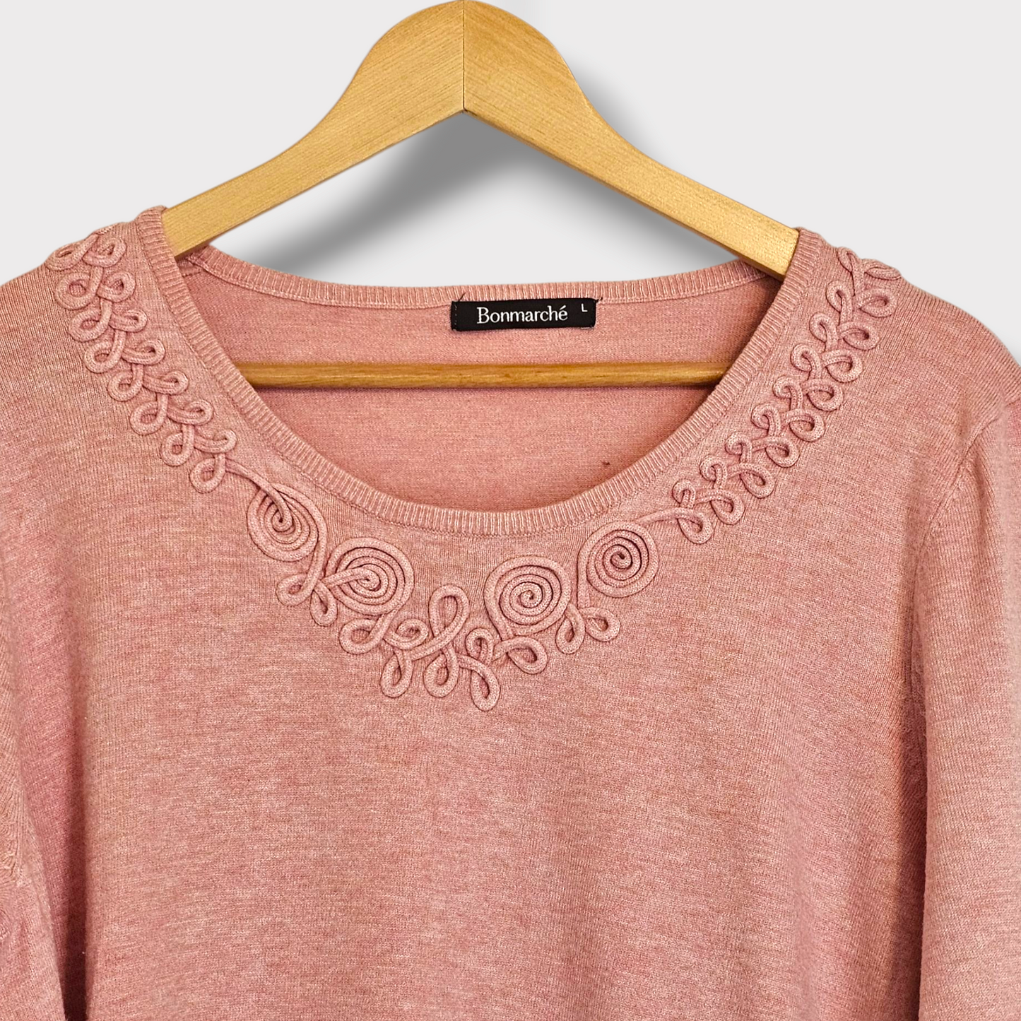 Bonmarché Pink Jumper – Size Large – Embroidered Neckline, 3/4 Sleeves