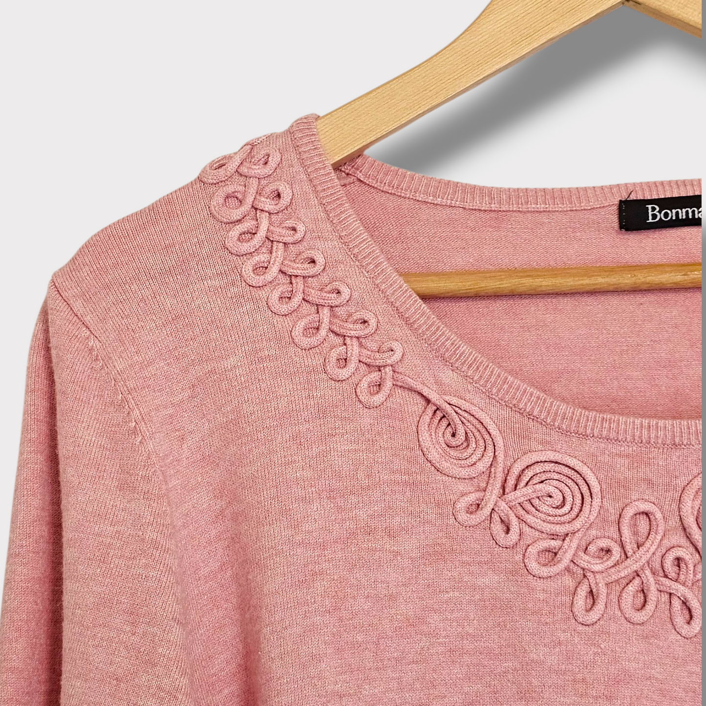Bonmarché Pink Jumper – Size Large – Embroidered Neckline, 3/4 Sleeves