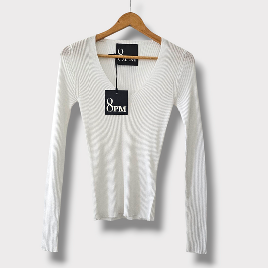8PM Designer White Ribbed V-Neck Jumper – Size XS – NWT – RRP $189