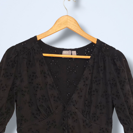 Asos Black Crochet Summer Dress V-Neck Button Top Size 10