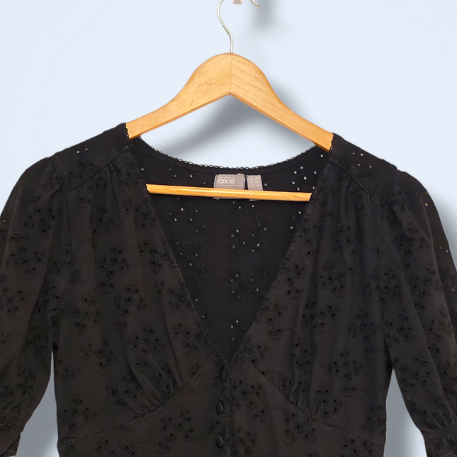 Asos Black Crochet Summer Dress V-Neck Button Top Size 10