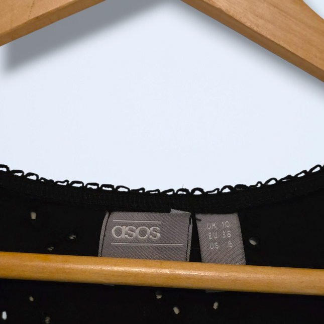 Asos Black Crochet Summer Dress V-Neck Button Top Size 10