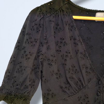 Asos Black Crochet Summer Dress V-Neck Button Top Size 10