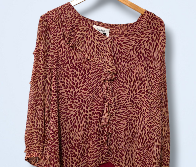 Ba&sh Size 8 Long-sleeved Printed Ruffled Blouse Viscose