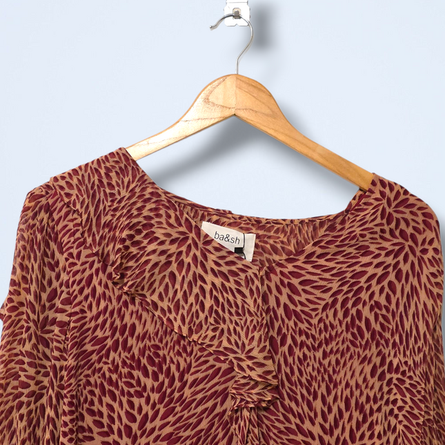 Ba&sh Size 8 Long-sleeved Printed Ruffled Blouse Viscose