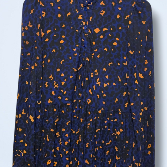 Baukjen – Size 8 – Blue & Orange Leopard Print Midi – Button-up
