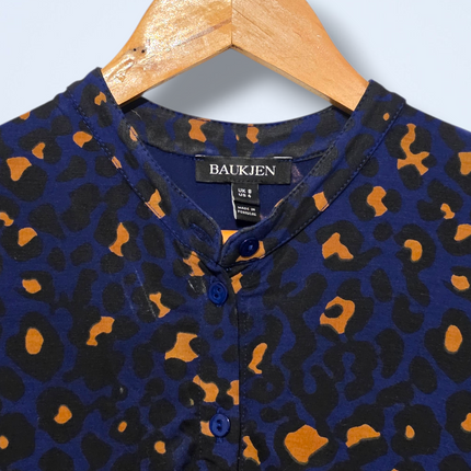 Baukjen – Size 8 – Blue & Orange Leopard Print Midi – Button-up