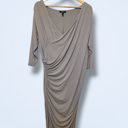 Baukjen – UK 18 – Shirred Midi Dress in Taupe ¾ Sleeves