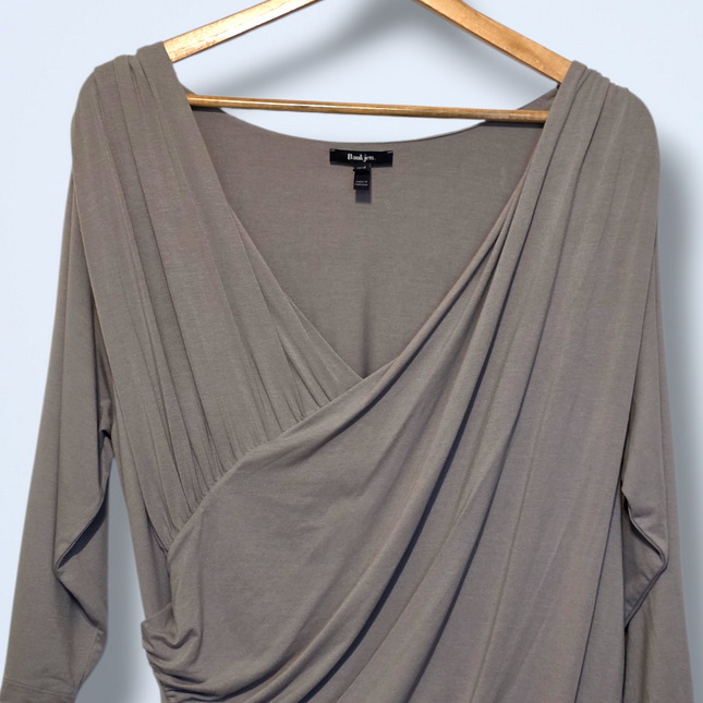 Baukjen – UK 18 – Shirred Midi Dress in Taupe ¾ Sleeves