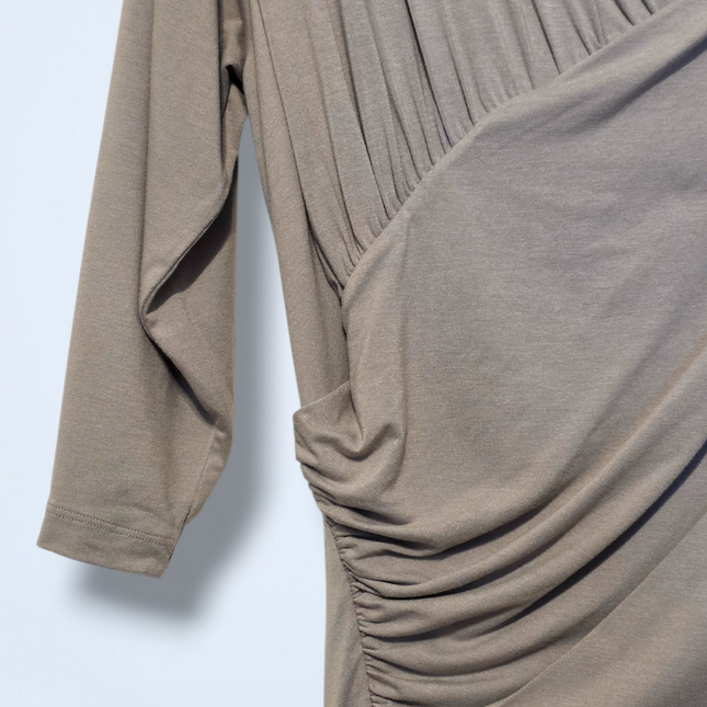 Baukjen – UK 18 – Shirred Midi Dress in Taupe ¾ Sleeves