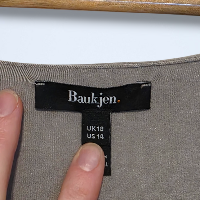 Baukjen – UK 18 – Shirred Midi Dress in Taupe ¾ Sleeves