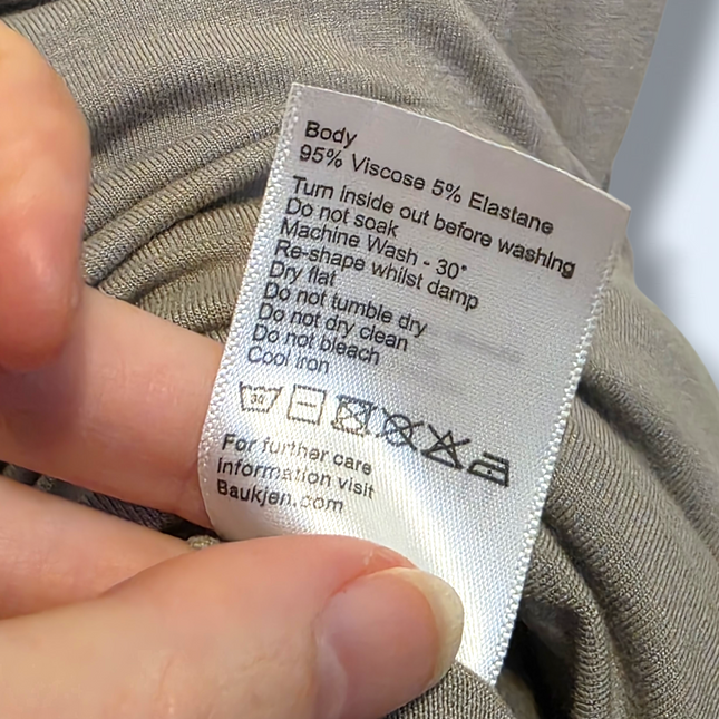 Baukjen – UK 18 – Shirred Midi Dress in Taupe ¾ Sleeves