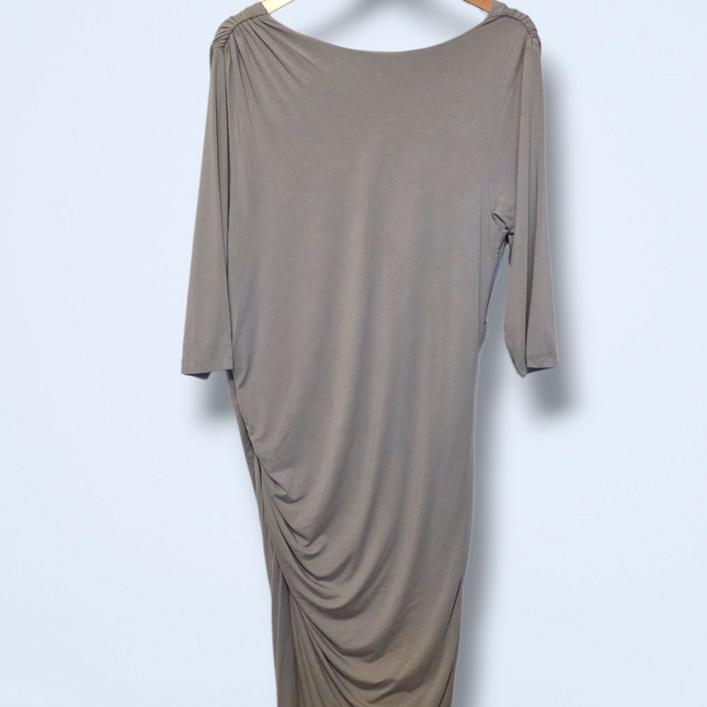 Baukjen – UK 18 – Shirred Midi Dress in Taupe ¾ Sleeves
