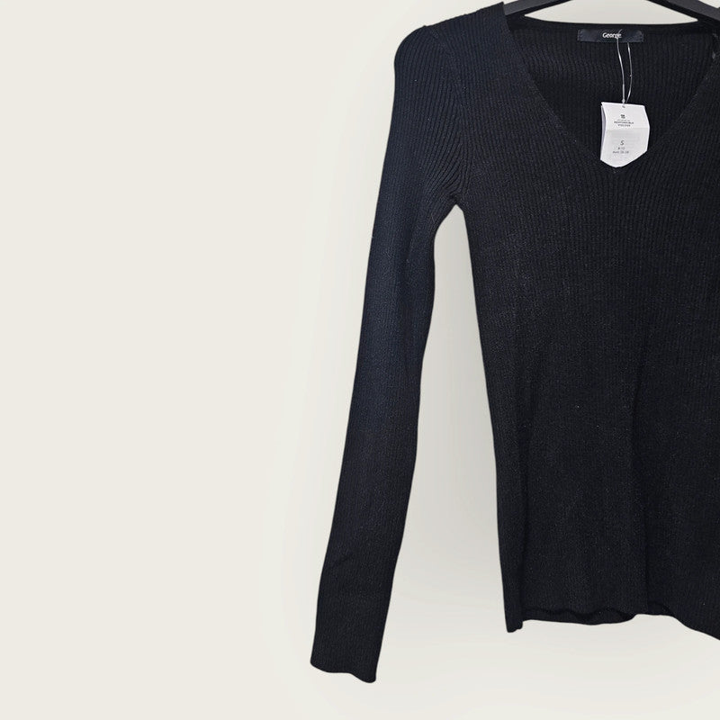 Black V-neck Ribbed Jumper | Fitted George New Small