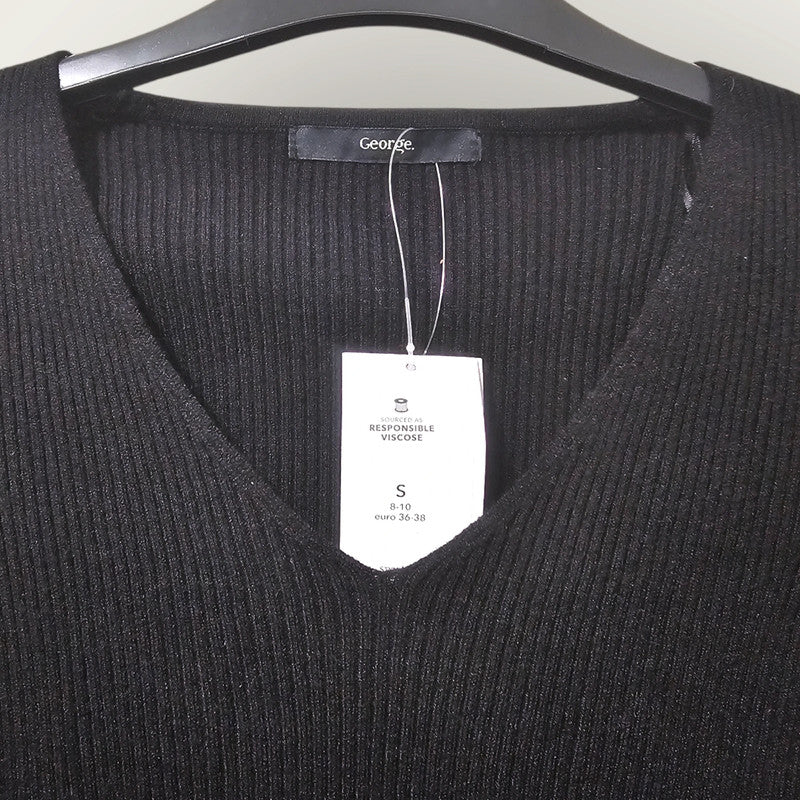 Black V-neck Ribbed Jumper | Fitted George New Small