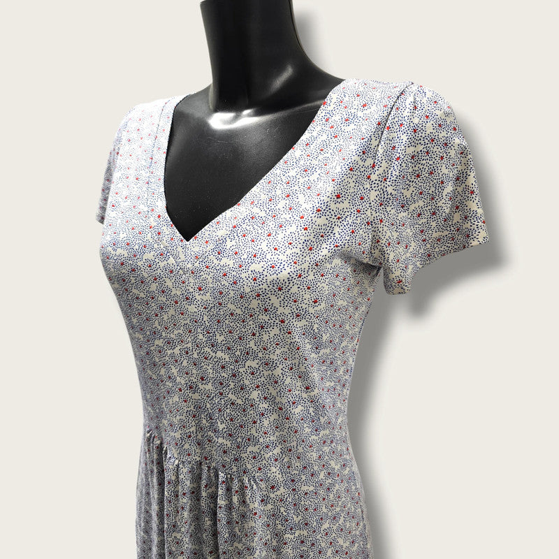 Boden UK 10R V-Neck Floral Dress Blue and White