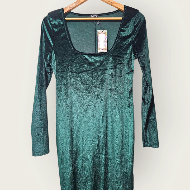 Boohoo Emerald Green Velour Dress | New, UK 14