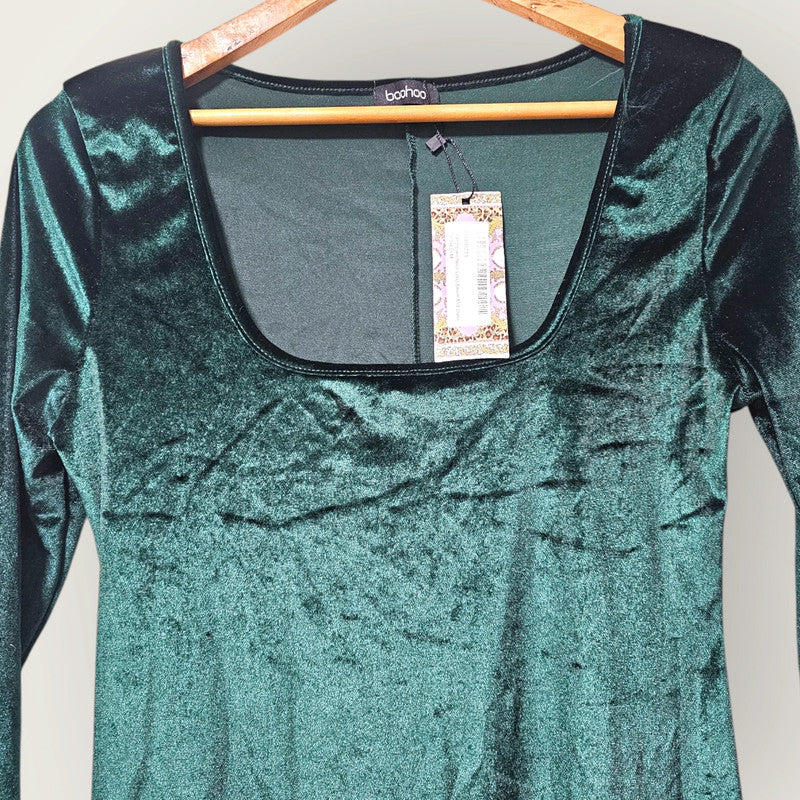 Boohoo Emerald Green Velour Dress | New, UK 14