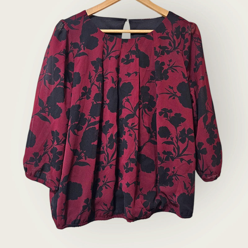 Burgundy & Black Floral Print Blouse UK 14