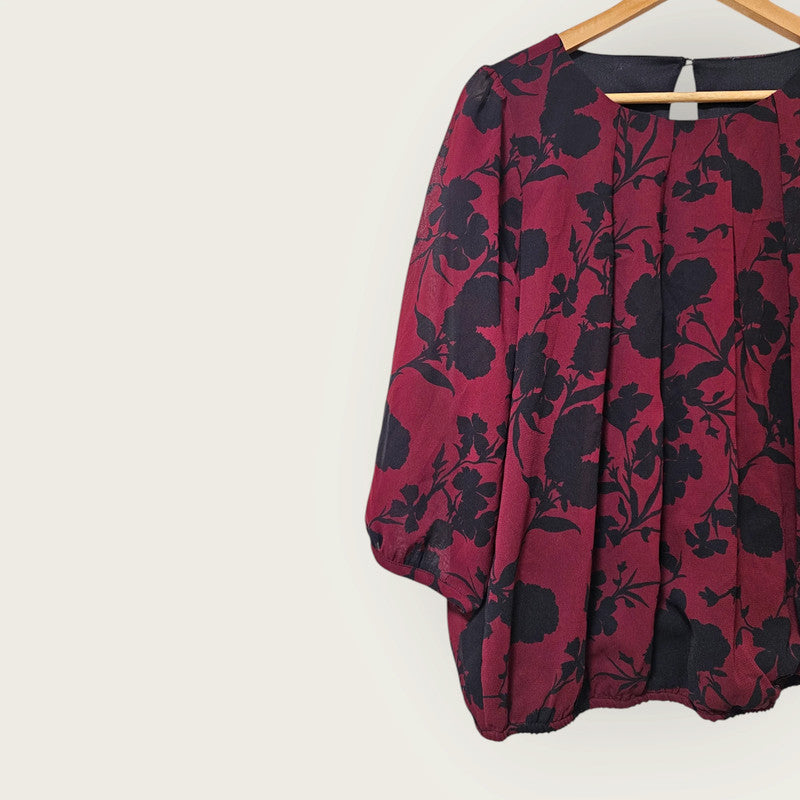 Burgundy & Black Floral Print Blouse UK 14