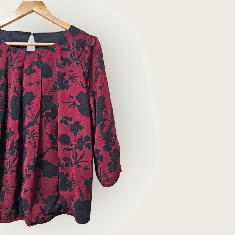 Burgundy & Black Floral Print Blouse UK 14