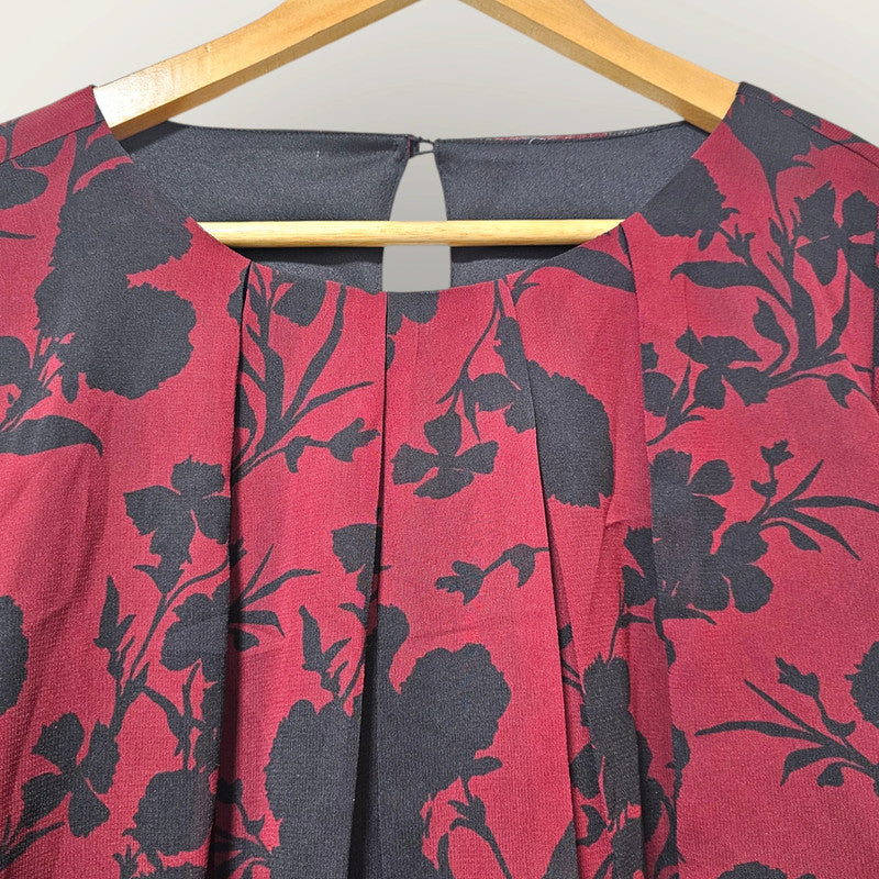 Burgundy & Black Floral Print Blouse UK 14