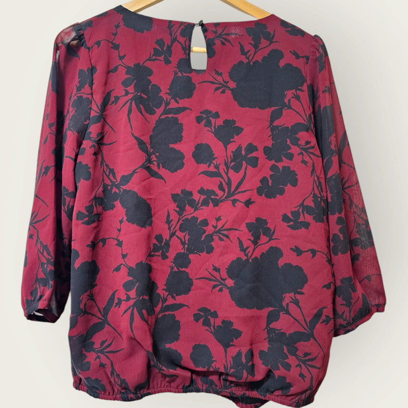 Burgundy & Black Floral Print Blouse UK 14