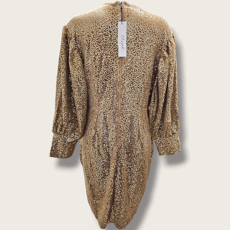 Closet London Puff Sleeve Dress in Gold UK 16