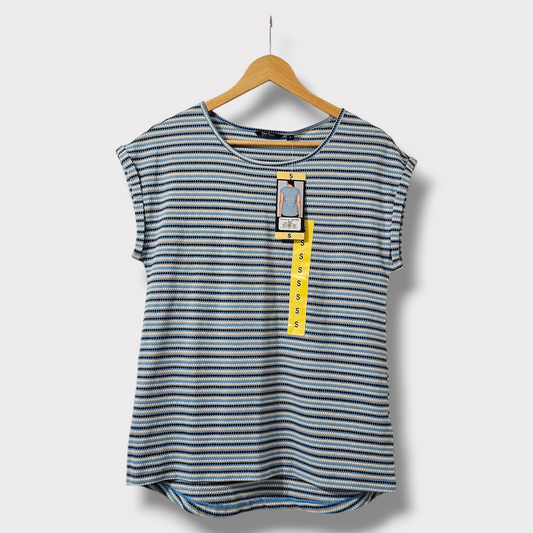 Ellen Reyes Blue Crochet Stripe Casual T-Shirt – Size S – New with Tags