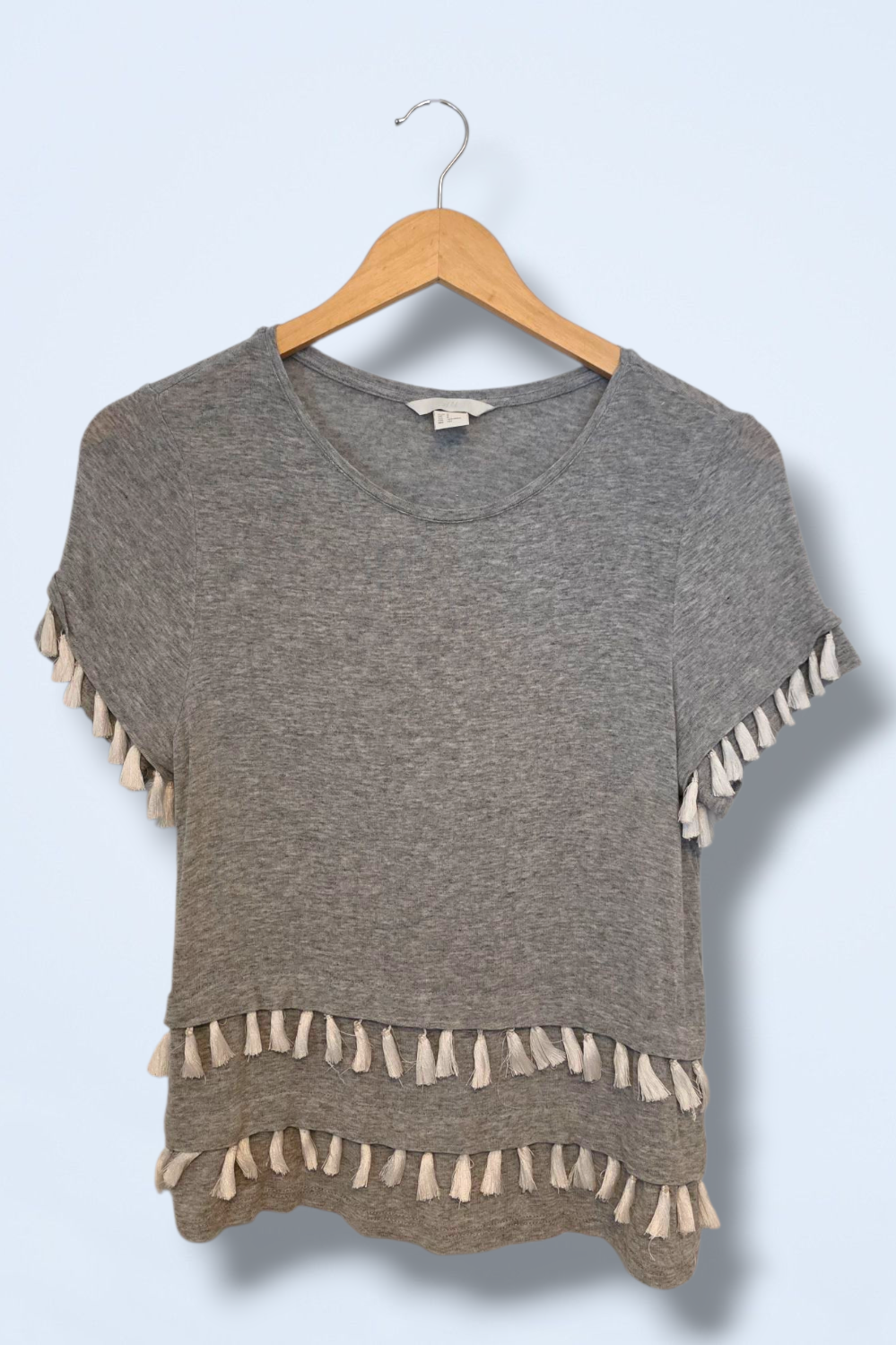 H&M Grey & White Tassel Detailed Casual T-Shirt Size Small