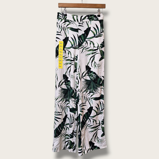 White & Green Floral Print Wide-leg Trousers New