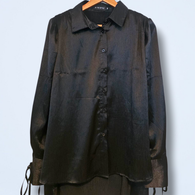 In The Style Black Crinkle Effect Satin Shirt UK 6 Oversized