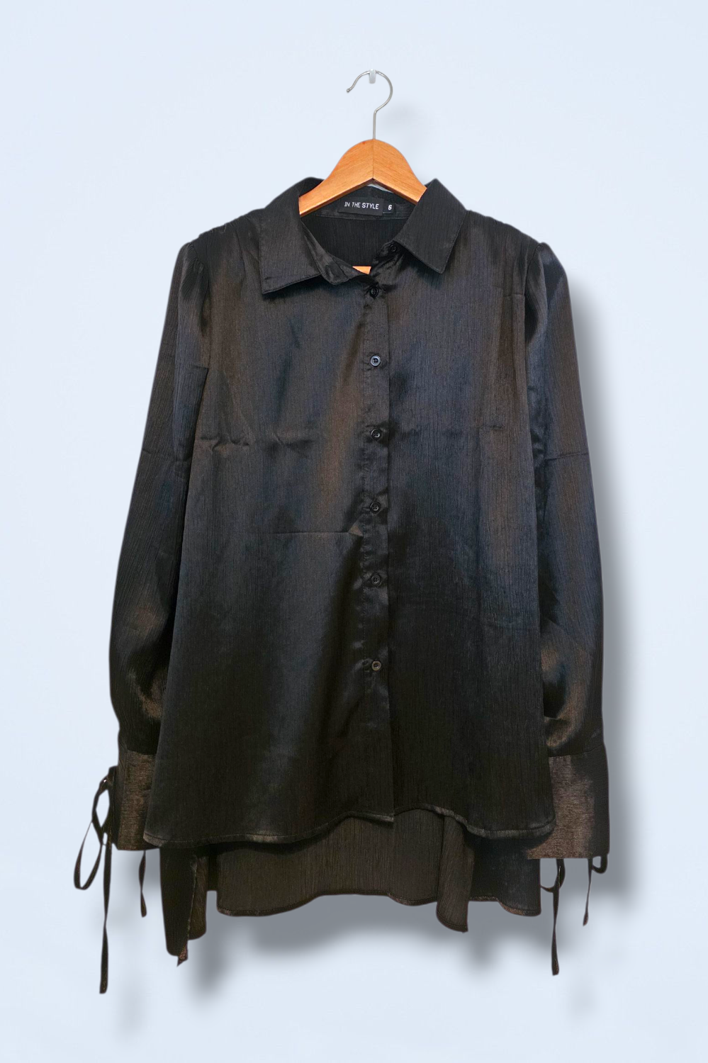In The Style Black Crinkle Effect Satin Shirt UK 6 Oversized