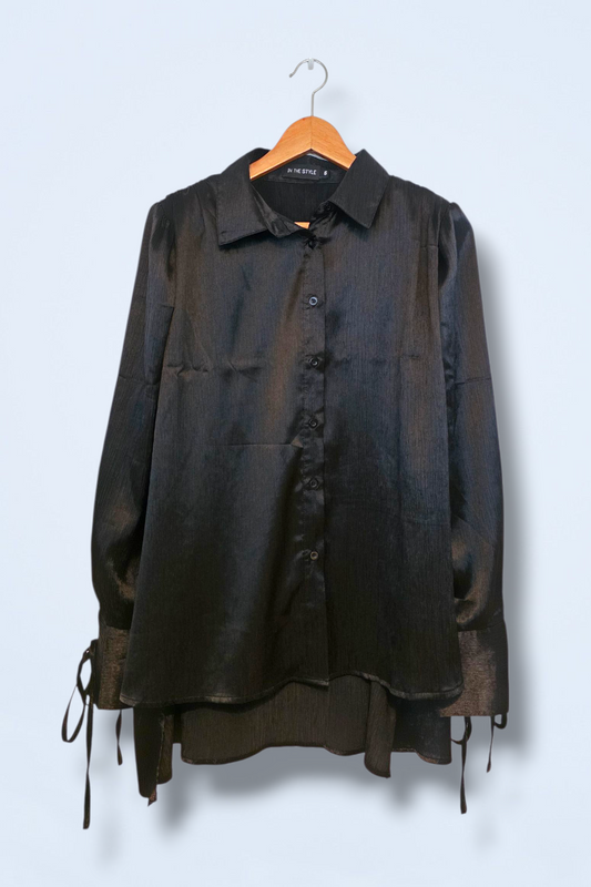 In The Style Black Crinkle Effect Satin Shirt UK 6 Oversized