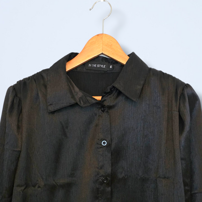 In The Style Black Crinkle Effect Satin Shirt UK 6 Oversized