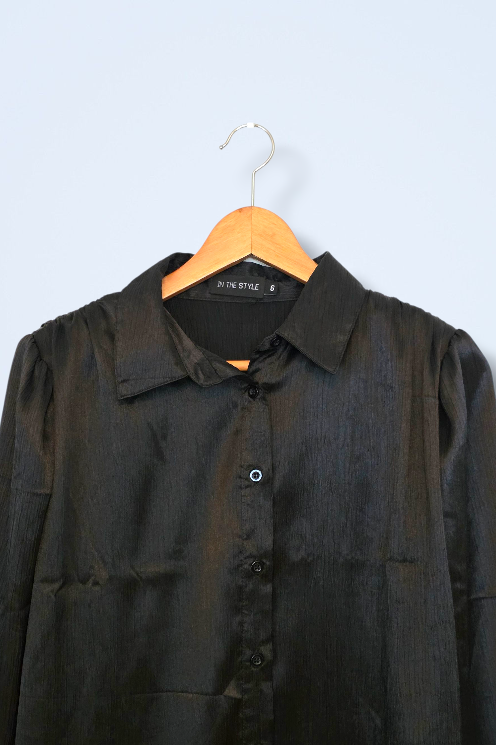 In The Style Black Crinkle Effect Satin Shirt UK 6 Oversized
