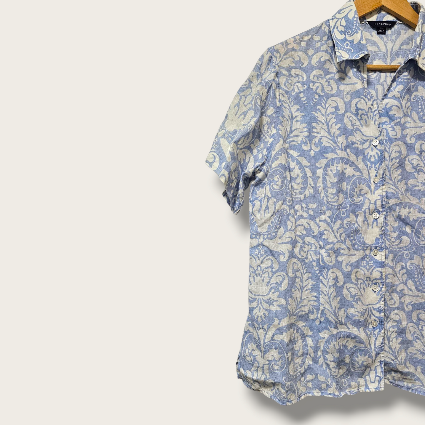 Lands' End Pale Blue & White Floral Shirt UK 10 - 12