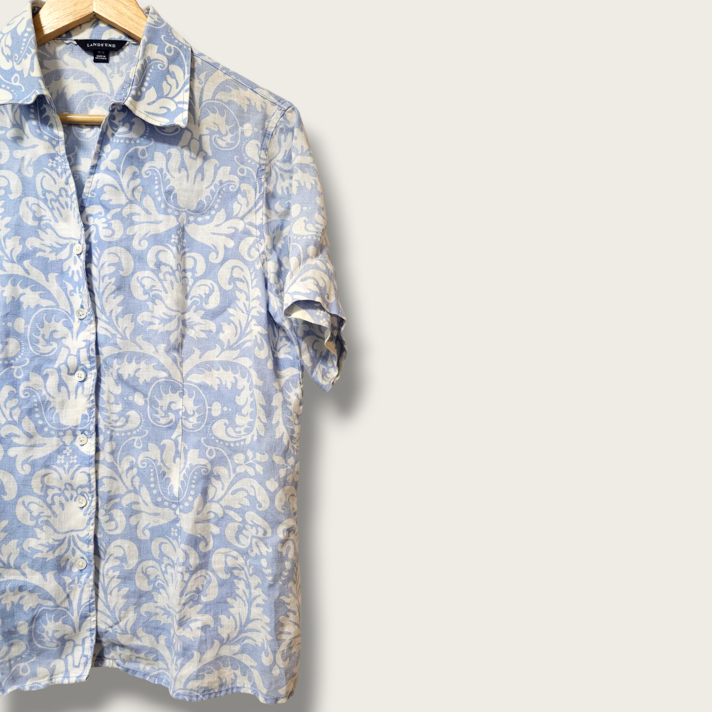 Lands' End Pale Blue & White Floral Shirt UK 10 - 12