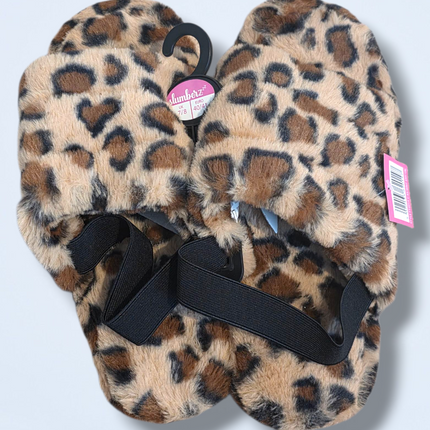 Fluffy Leopard Print Strapped Back Mule Slippers Size 7/8 New