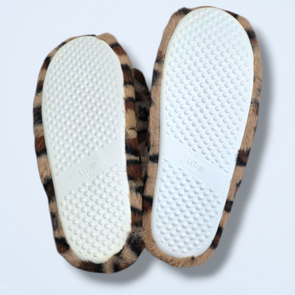 Fluffy Leopard Print Strapped Back Mule Slippers Size 7/8 New