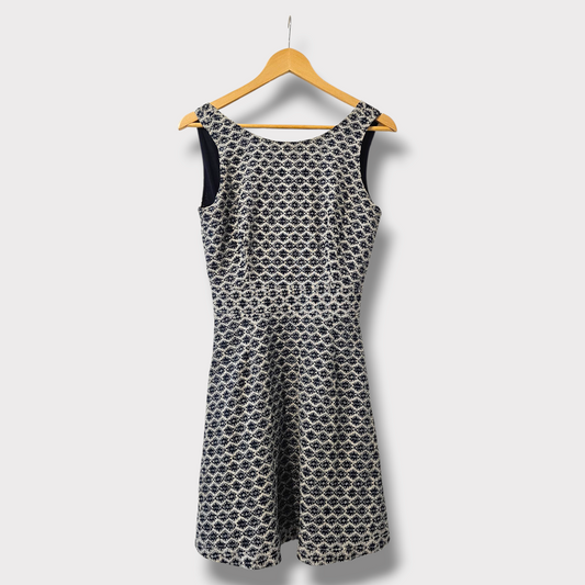 Louche Blue & White Lace Overlay Fit & Flare Dress – UK 10