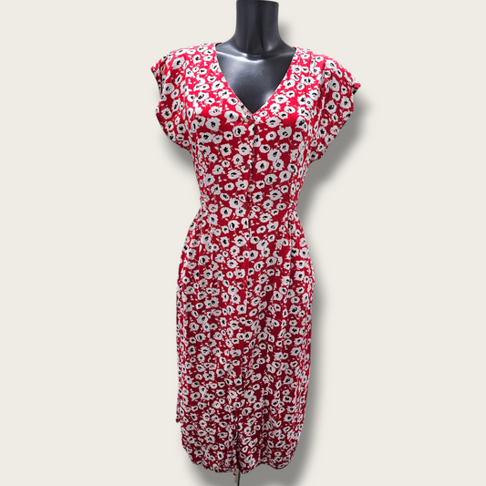 Red & White Floral Midi Dress Size Small