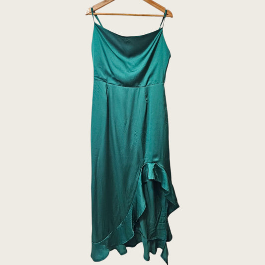 Miss Guided UK 12 Deep Green Cowl Neck Satin Dress New