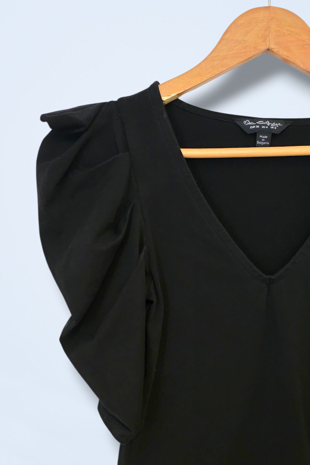 Miss Selfridge Black V-Neck Top Ruffled Sleeve Size 8