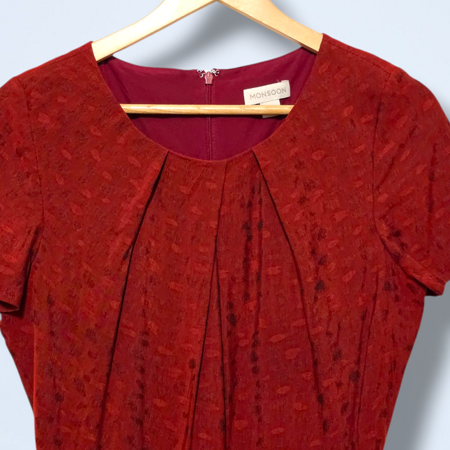 Red Monsoon Vintage Print Dress Pleat Front Size UK 12