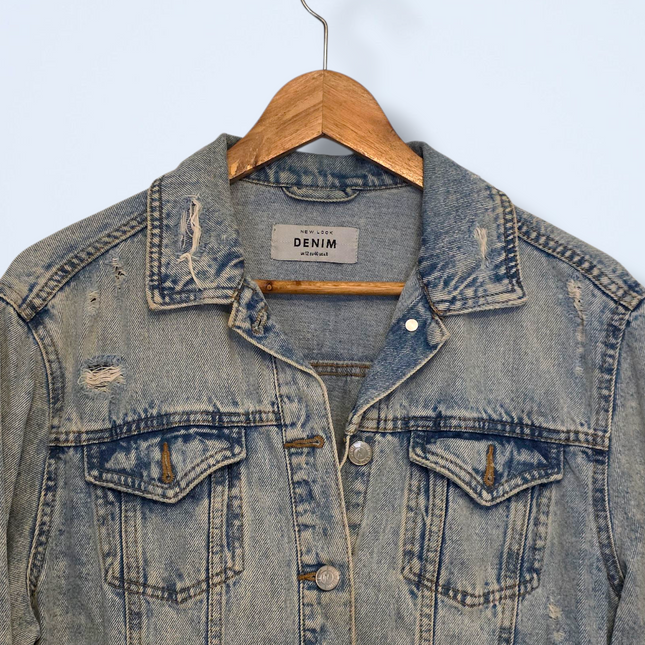 New Look UK 12 Long Sleeved Ripped Denim Jacket Button-up