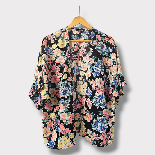 New Look Floral Kimono – Black Multi-Colour – Size UK 8